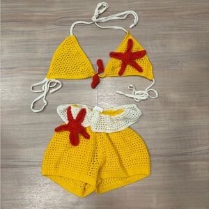 Yellow Crochet Bikini Top & Shorts Set with Red Starfish Accents